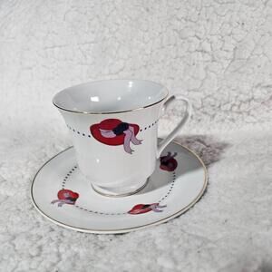 Darice Red Hat Tea Cup & Saucer Plate Set Society Porcelain Gold Trim W/ Handle
